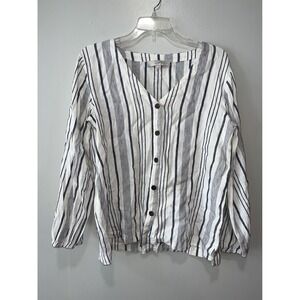 Loft Women's Button-Up Linen Blend Blouse, Medium,‎ Striped nacy/white
